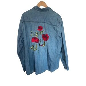Y2K Ruby Rd Embroidered Denim Shirt 2XL Red Floral Jean Top Boho Western